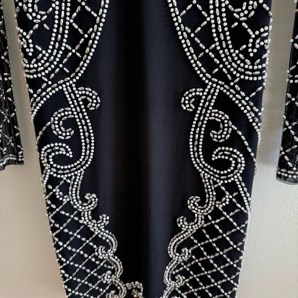 XSCAPE Black Long Sleeve White Silver Bead Embellishment Dress size 8 - Picture 4 of 10